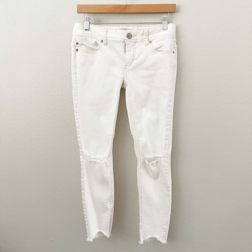 FREE PEOPLE | Destroyed Distressed Skinny Ankle Jeans White‎ Tan Topstitch | 26